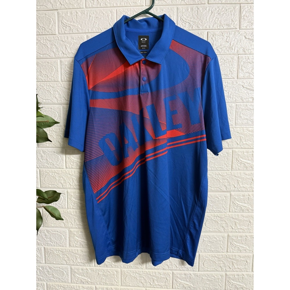 Oakley Golf Polo Shirt Mens XL Regular Fit Blue Red Short Sleeve Logo Jersey